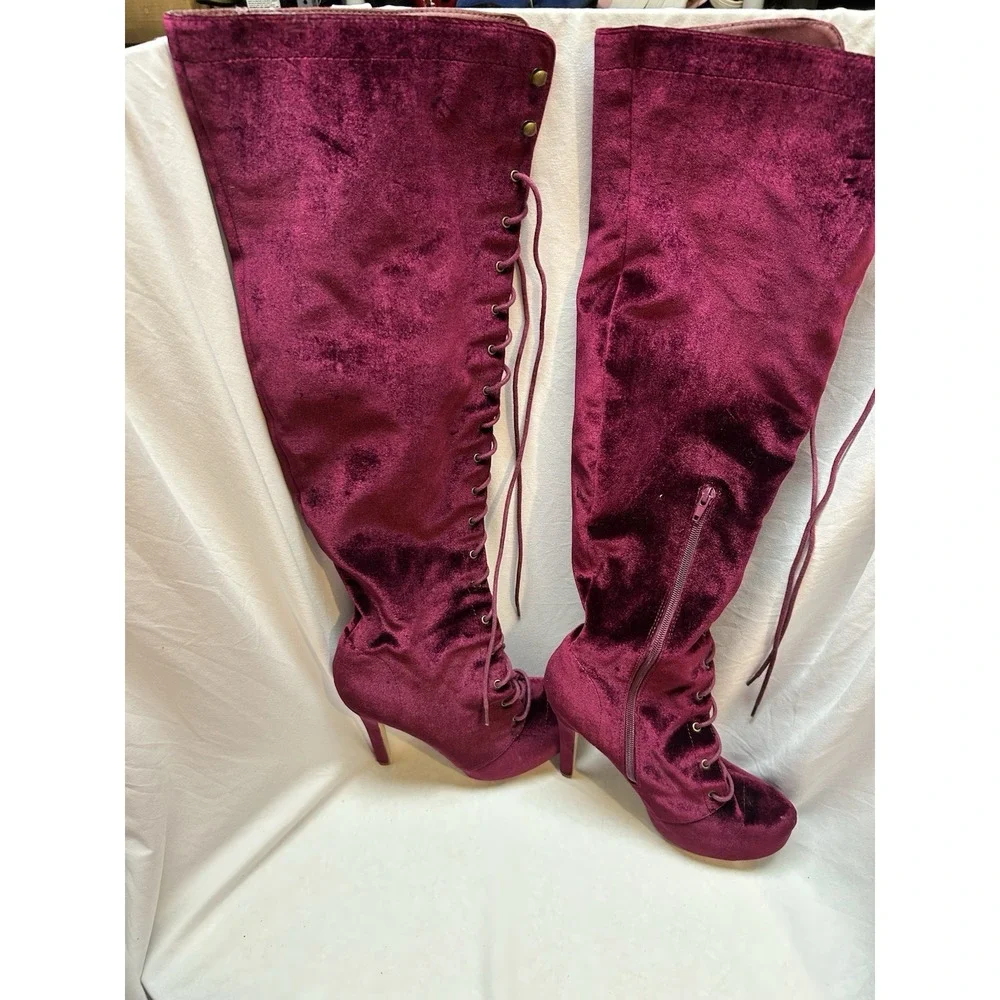 JustFab 9 US Purple Velvet Boots Platform Lace Up Side Zip Above Knee Goth Boho